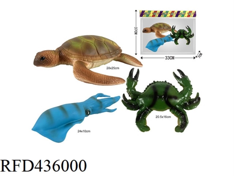 THREE SEA ANIMALS, TURTLE, SQUID AND CRAB, BAGGED