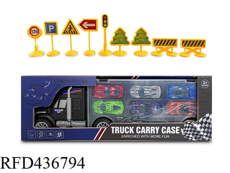 6 PORTABLE INERTIA CONTAINER TRUCKS WITH ALLOY RACING CARS (WITH ROAD SIGNS)