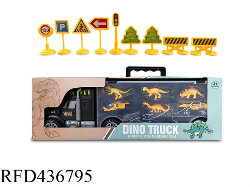 PORTABLE INERTIA CONTAINER TRUCK WITH 4 DINOSAURS + AIRCRAFT + OFF-ROAD VEHICLE (WITH ROAD SIGNS)