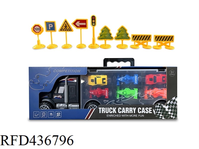 PORTABLE INERTIA CONTAINER TRUCK WITH 4 F1 RACING CARS + 2 SMALL RACING CARS (WITH ROAD SIGNS)