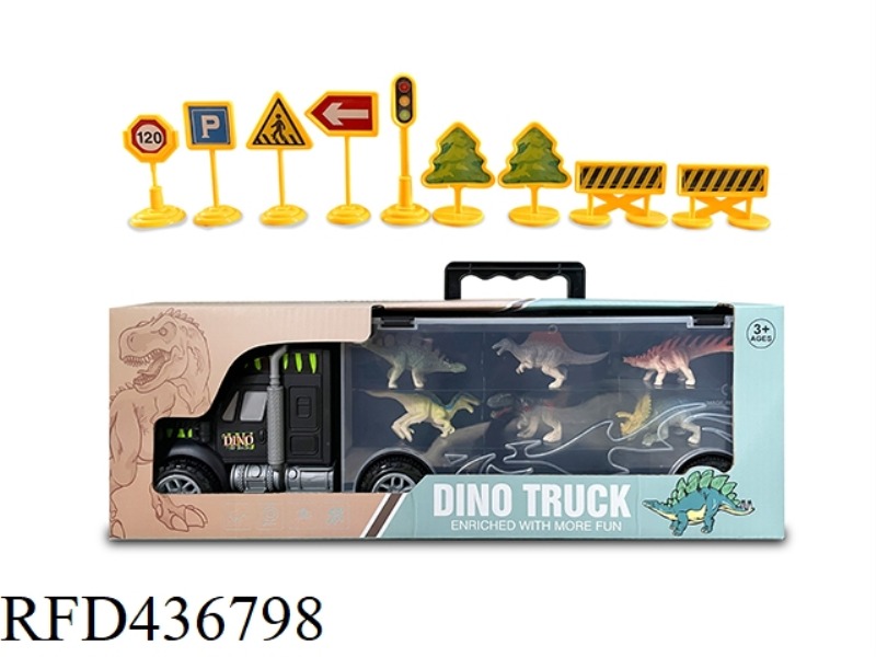PORTABLE INERTIA CONTAINER TRUCK WITH 8 DINOSAURS (WITH ROAD SIGNS)