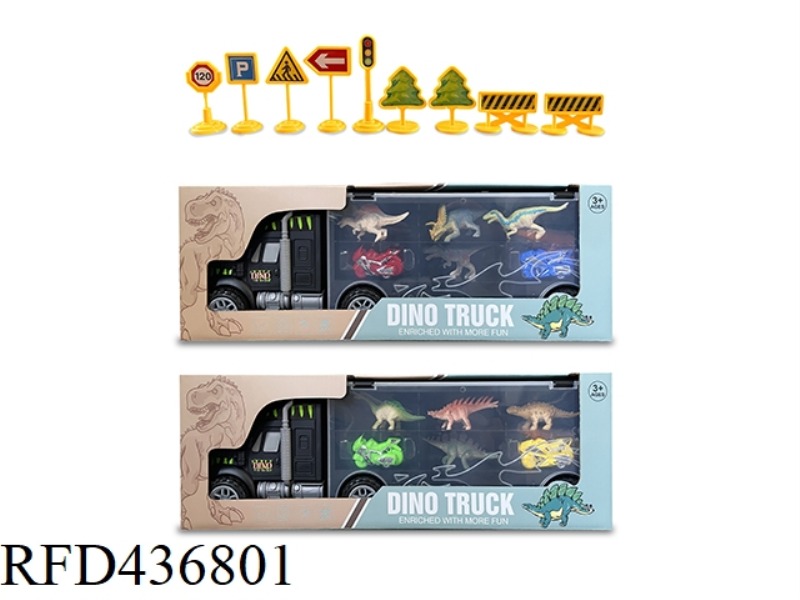 PORTABLE INERTIA CONTAINER TRUCK WITH 2 MOTORCYCLES + 4 DINOSAURS (WITH ROAD SIGNS)