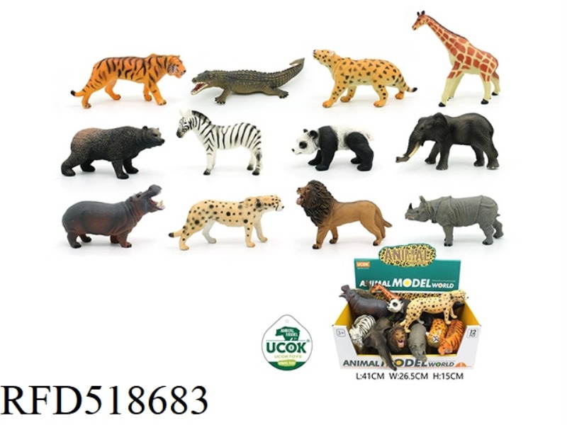 12 WILD ANIMALS DISPLAY BOXES WITH 20-35CM ENAMELLED COTTON FILLING