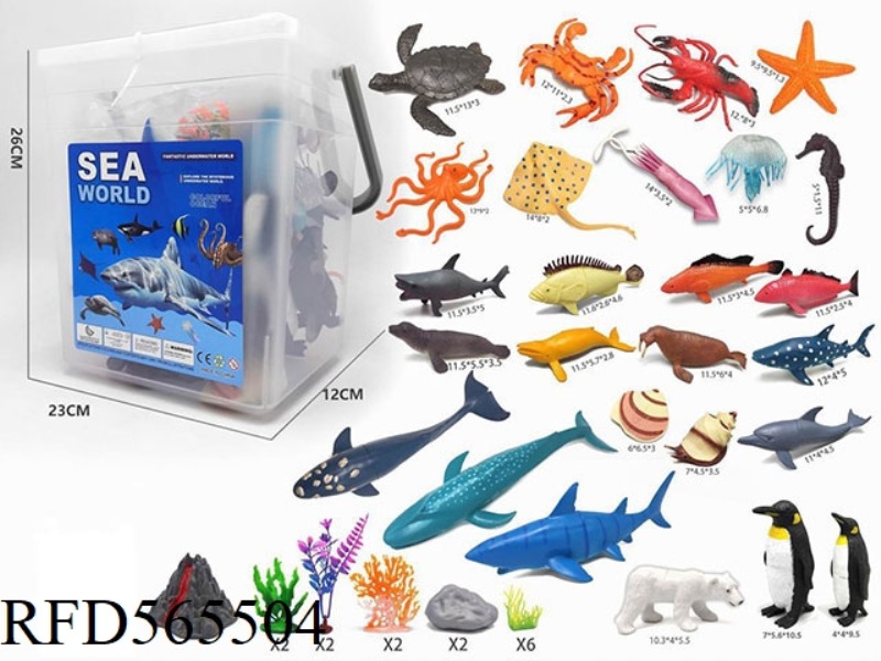 SUPER LARGE BUCKET WITH 26 MARINE ANIMALS AND 8 ACCESSORIES, SUPER LARGE STORAGE BUCKET