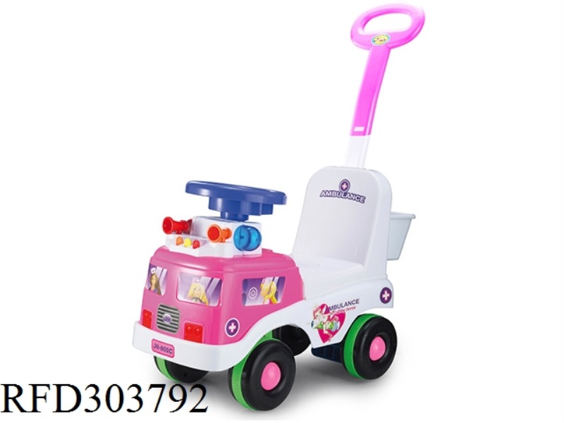 PINK AMBULANCE BABY SLIDE WALKER WITH LIGHT AND MUSIC(NEW SEAT+PUSH AND PULL)