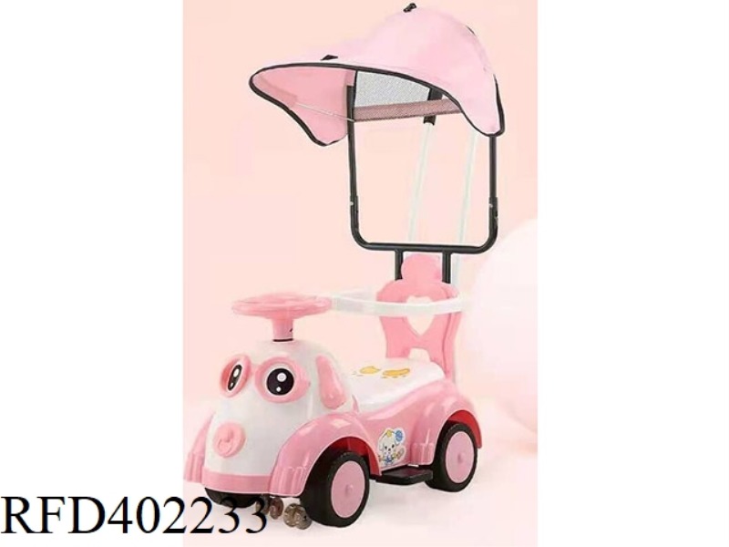 CUTE DOG SCOOTER WITH LIGHT, MUSIC, BLUE, PINK AND GREEN MIXED WITH HAND PUSH AND AWNING