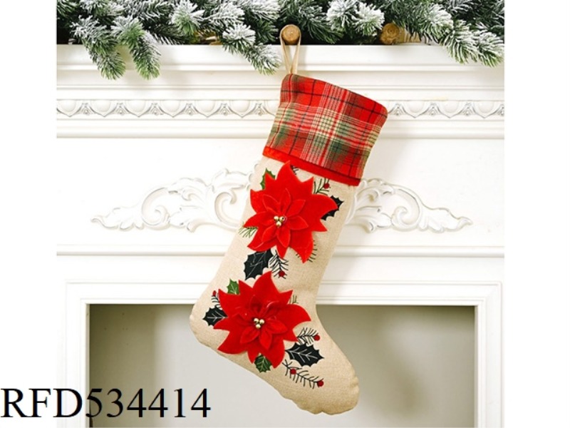 LARGE RED FLOWER LINEN CHRISTMAS STOCKING TWO FLOWERS