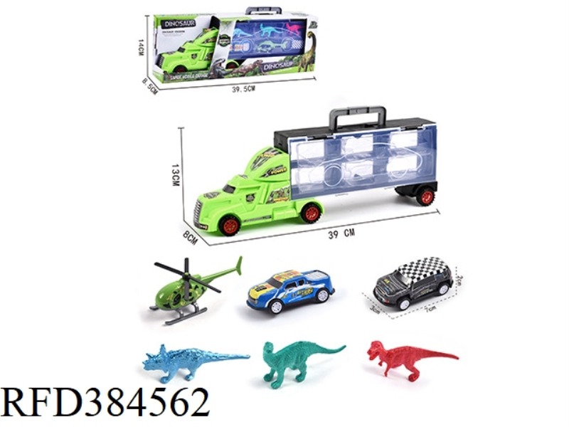 PORTABLE GIFT BOX CONTAINER TAXI TRACTOR WITH 3 DINOSAURS + 2 TAXI IRON RACING +1 AIRCRAFT
