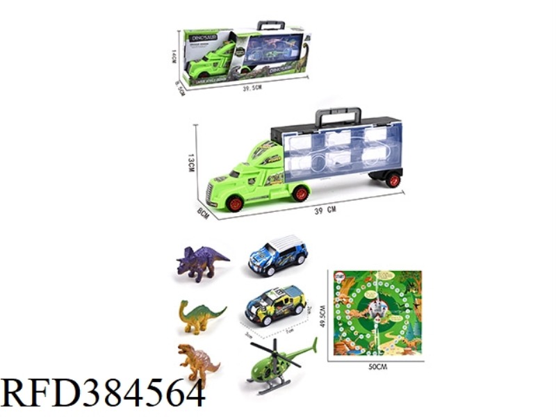 PORTABLE GIFT BOX CONTAINER TAXI TRACTOR WITH 3 DINOSAURS + 2 TAXI IRON RACING CARS + 1 AIRPLANE + 1