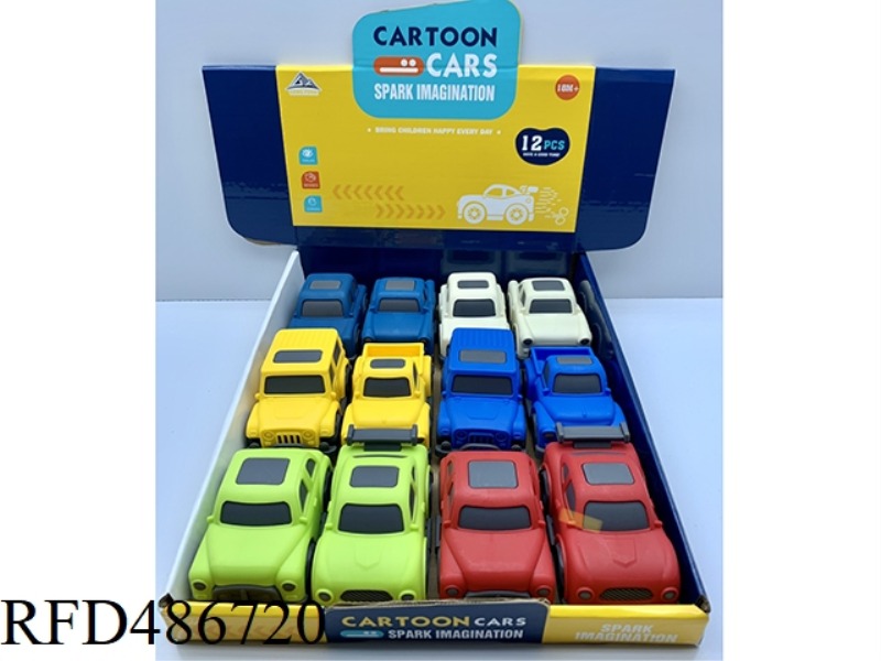 12 SLIDING CARTOON CARS WITH DISPLAY BOXES (6 MODELS WITH 2 COLORS FOR EACH)