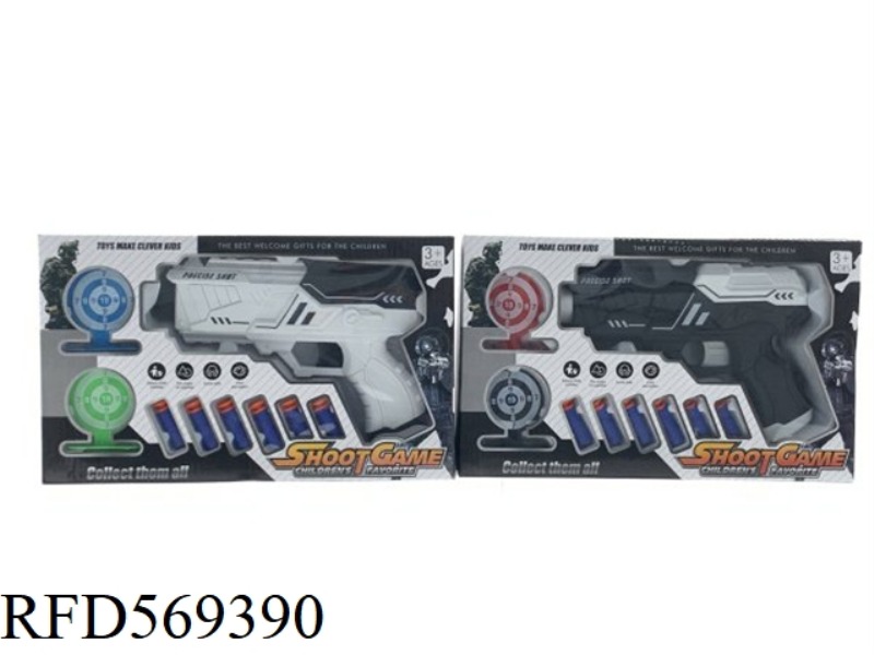 MANUAL SOFT GUN WITH 6 BULLETS AND 2 MIXED COLOR TARGETS (BLACK/WHITE MIXED)