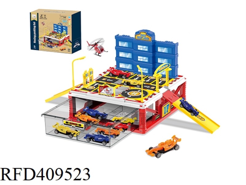 SINGLE LAYER F1 PARKING LOT STORAGE BOX WITH 1 PLASTIC AIRPLANE AND 1 CAR