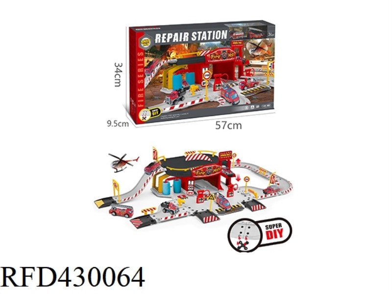 ALLOY FIRE PARKING GARAGE REPAIR SHOP SET (WITH 2 ALLOY CARS)