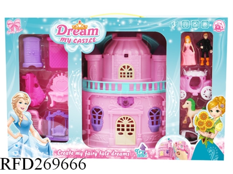 PINK TOWER WITH LIGHT AND MUSIC+PRINCESS/PRINCE/CARRIAGE+FURNITURE