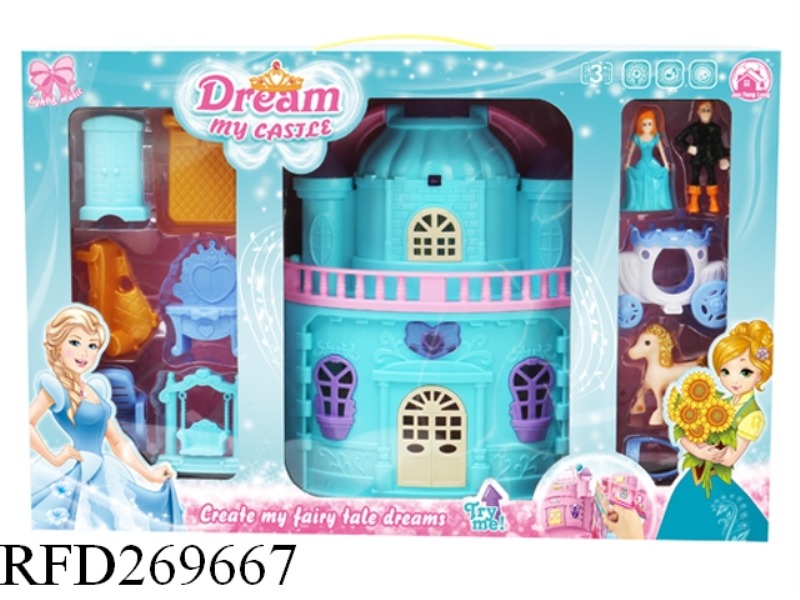 BLUE TOWER WITH LIGHT AND MUSIC+PRINCESS/PRINCE/CARRIAGE+FURNITURE