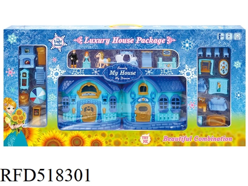BLUE ICE VILLA WITH LIGHTS/MUSIC + FIGURES FULL SET OF FURNITURE