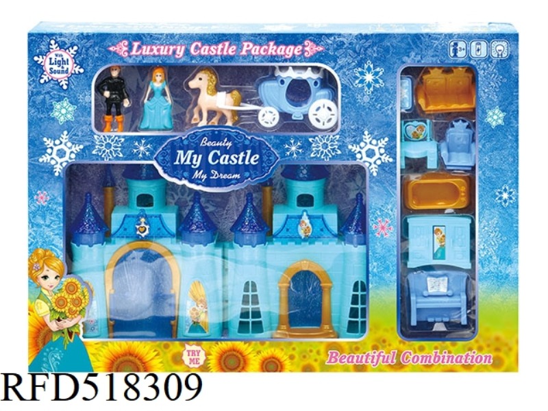 BLUE ICE CASTLE WITH LIGHTS/MUSIC + PEOPLE + FURNITURE + CARRIAGE