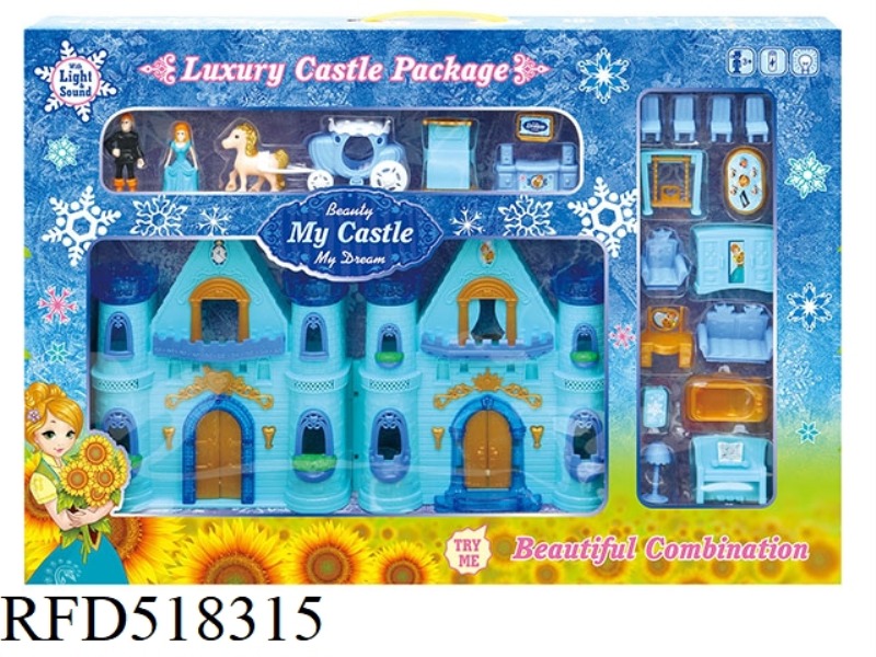 BLUE ICE CASTLE WITH LIGHTS/MUSIC + FURNITURE + PEOPLE + CARRIAGE