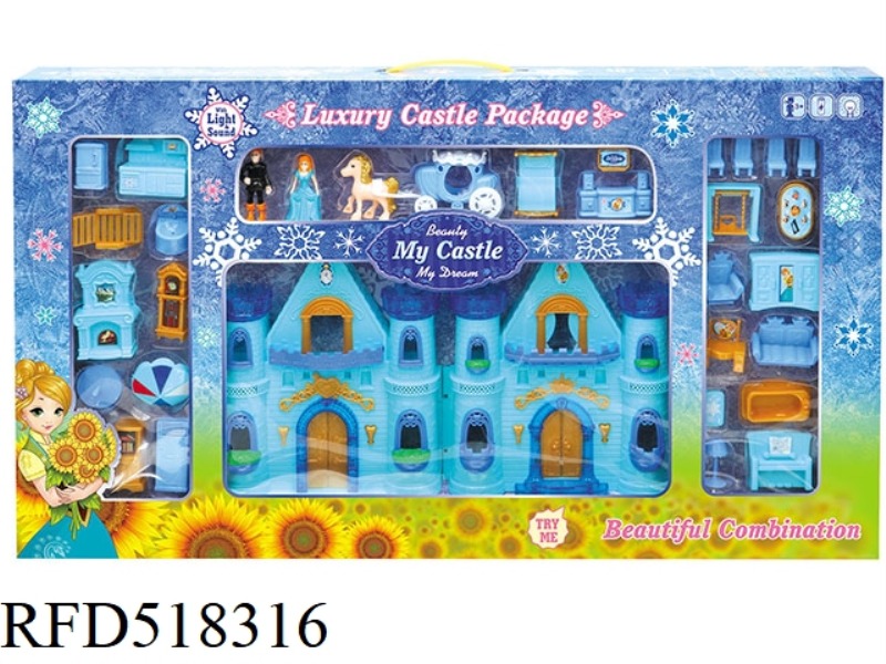 BLUE ICE CASTLE WITH LIGHTS/MUSIC + FIGURES FULL SET OF FURNITURE