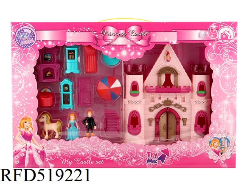 UNILATERAL FLASHING LIGHTS CASTLE WITH 12 PIECES OF MUSIC (2 MIXED)+ FURNITURE/PRINCESS/PRINCE/HORSE