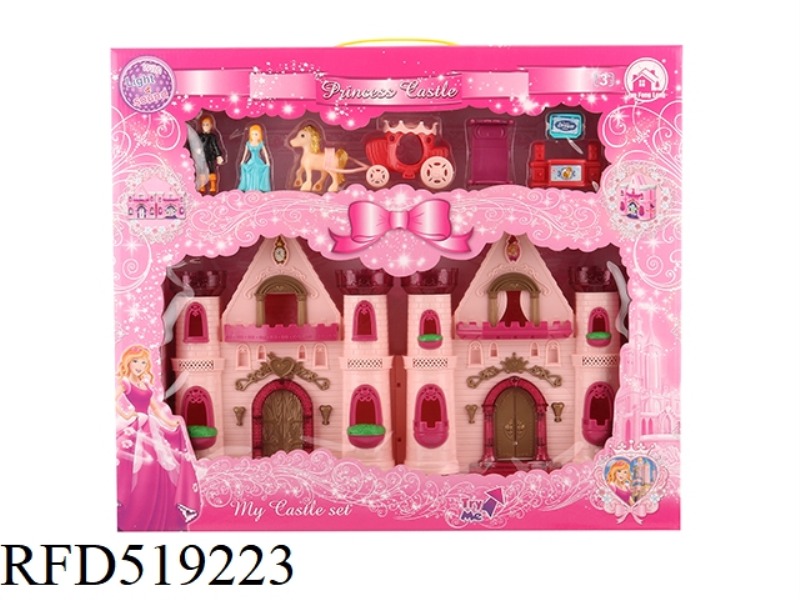 GLITTER COLORED LIGHTS CASTLE WITH 12 PIECES OF MUSIC + FURNITURE/PRINCESS/PRINCE/CARRIAGE