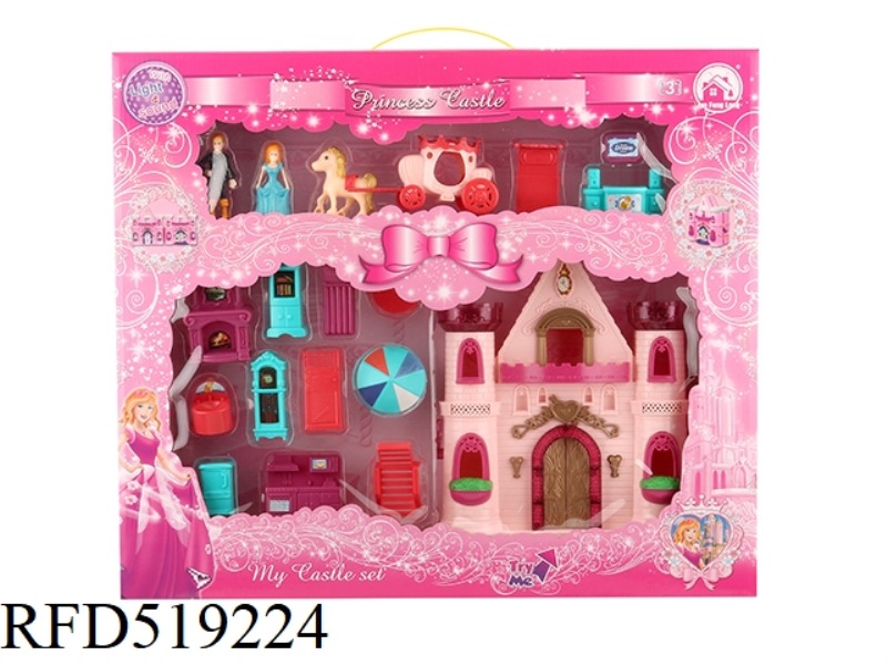UNILATERAL FLASHING LIGHTS CASTLE WITH 12 PIECES OF MUSIC (2 MIXED)+ FURNITURE/PRINCESS/PRINCE/CARRI