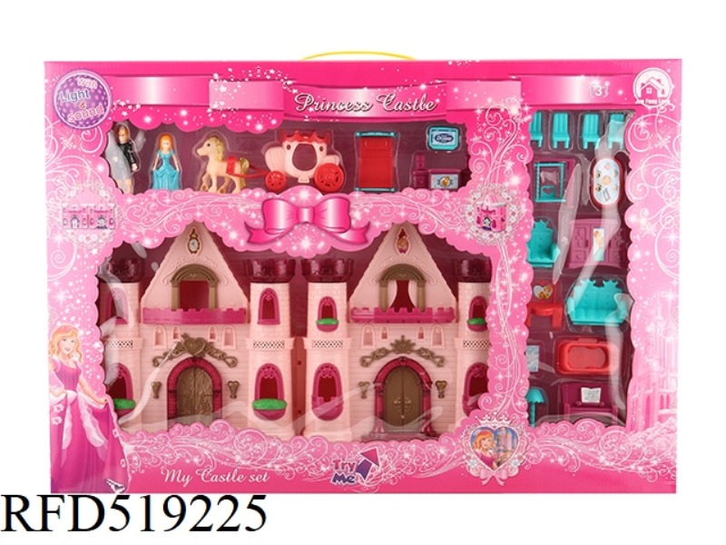 GLITTER COLORED LIGHTS CASTLE WITH 12 PIECES OF MUSIC + FURNITURE/PRINCESS/PRINCE/CARRIAGE