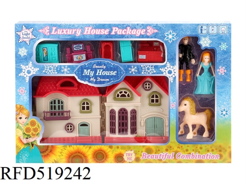 MINI COLORFUL LIGHT VILLA WITH 12 PIECES OF MUSIC + FURNITURE (2 MIXED) + PRINCESS/PRINCE/HORSE