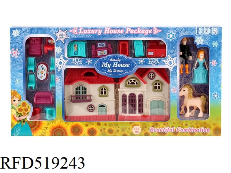 MINI COLORFUL LIGHT VILLA WITH 12 PIECES OF MUSIC + FURNITURE + PRINCESS/PRINCE/HORSE