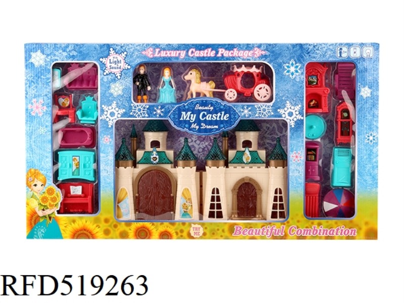 COLORFUL LIGHT CASTLE WITH 12 PIECES OF MUSIC + FURNITURE/PRINCESS/PRINCE/HORSE
