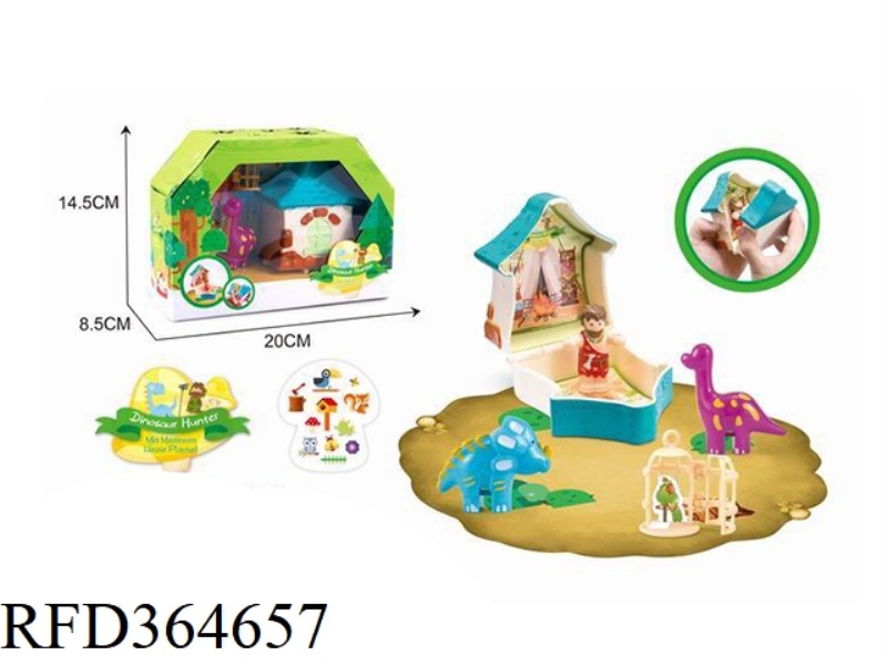 STORAGE SHAPED MINI THATCHED HOUSE AND DINOSAUR HUNTER