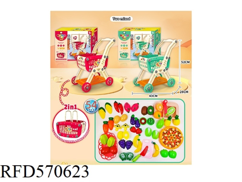 54PCS PUZZLE SELF-CONTAINED SHOPPING CART WITH CUTTABLE FRUIT + PIZZA KIT