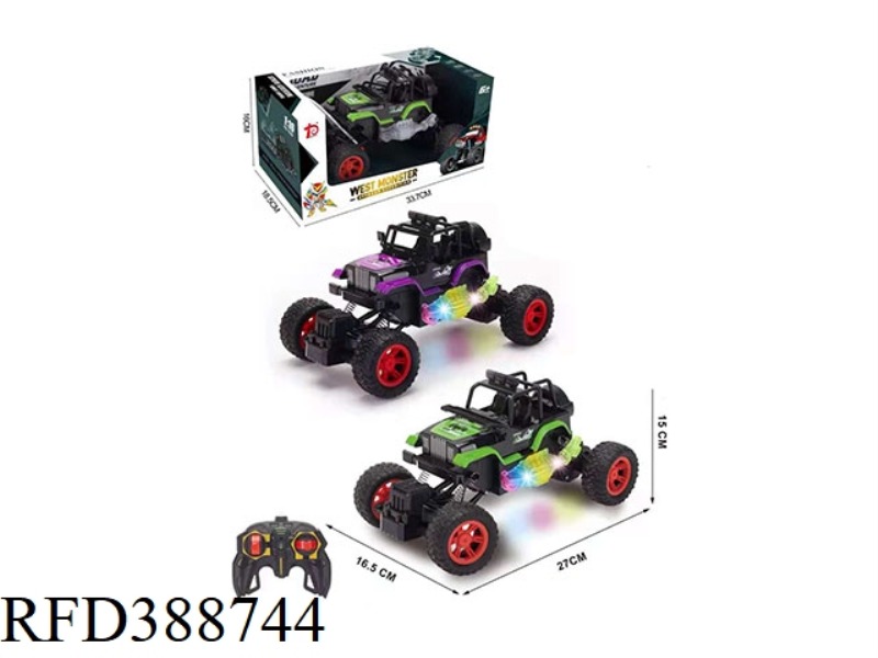 1:16 WRANGLER 4-WAY CLIMBING REMOTE CONTROL CAR WITH FLASHING LIGHTS AND LITHIUM BATTERY