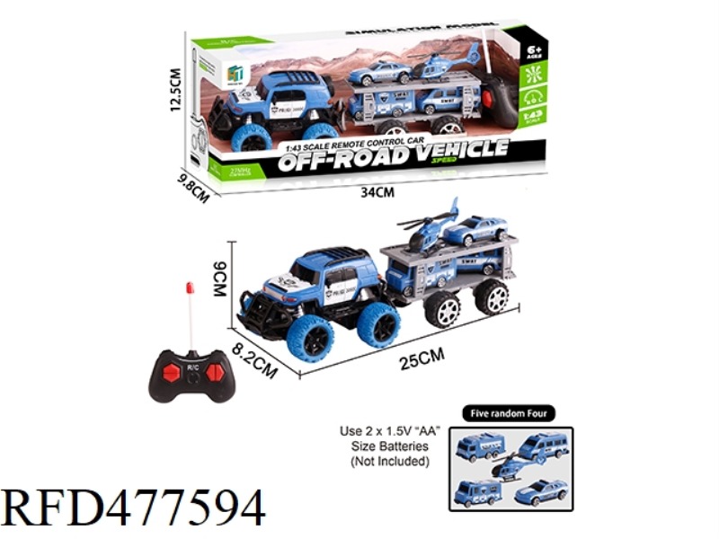 1:43 FOUR-WAY REMOTE CONTROL POLICE CAR WITH LIGHTS TOWING SCOOTER (NOT INCLUDING ELECTRICITY)