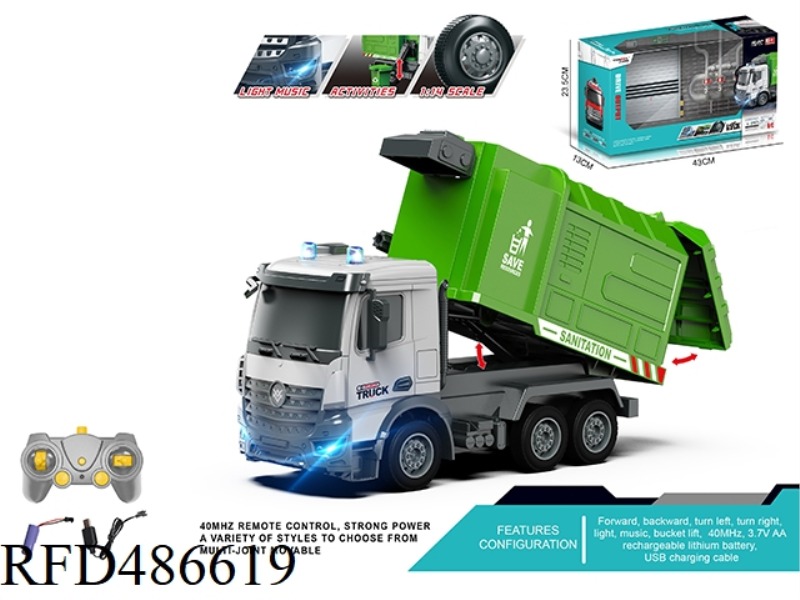 1:14 MULTI-FUNCTIONAL SIX-CHANNELREMOTE CONTROL ENGINEERING SANITATION TRUCK, WITH LIGHTS AND MUSIC