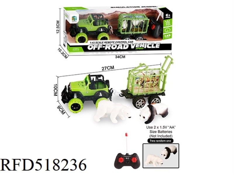 A REMOTE-CONTROLLED OFF-ROAD VEHICLE TOWS AN ANIMAL