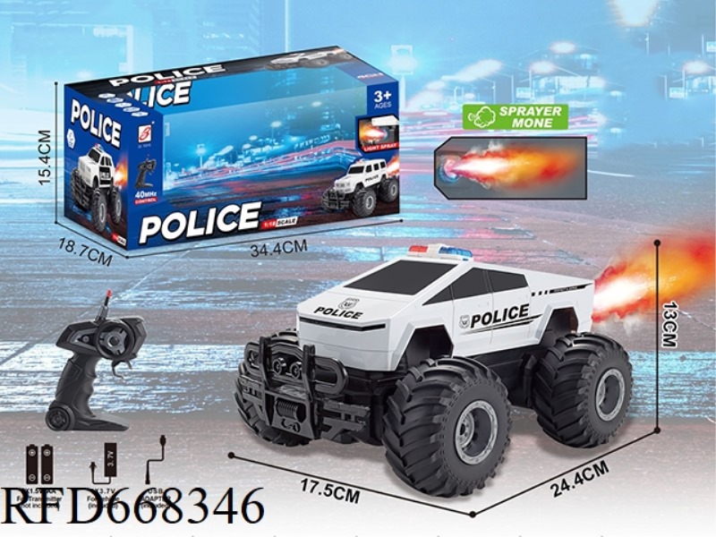 1:18 FIVE-CHANNEL SPRAY REMOTE-CONTROLLED POLICE CAR (TESLA CYBERTRUCK) WITH WINDOW BOX AND BATTERY