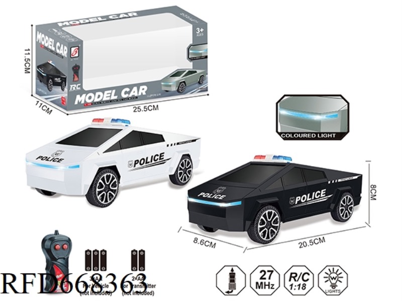 1:18 TWO-WAY REMOTE-CONTROLLED POLICE CAR WITH SEVEN-COLOR LIGHTS (TESLA CYBERTRUCK) WINDOW BOX