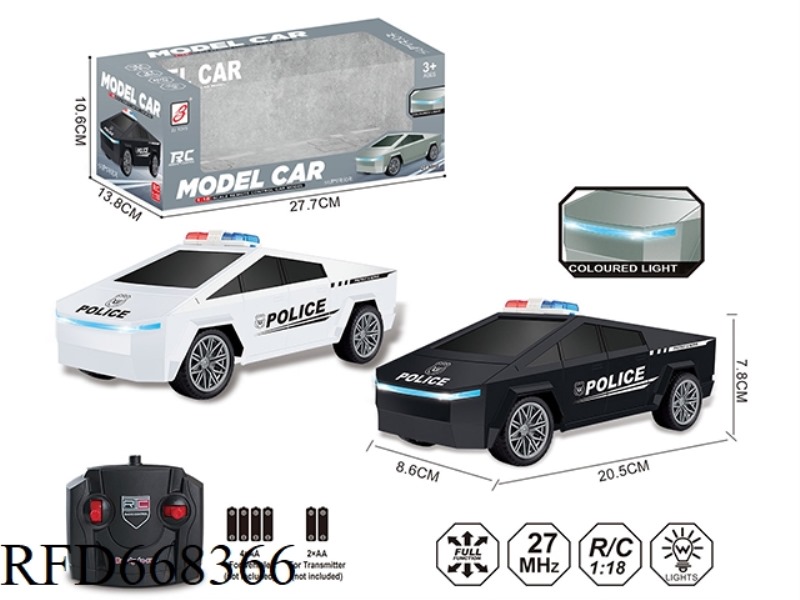 1:18 FOUR-WAY REMOTE-CONTROLLED POLICE CAR WITH SEVEN-COLOR LIGHTS (TESLA CYBERTRUCK) WINDOW BOX