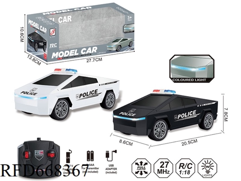 1:18 FOUR-WAY REMOTE-CONTROLLED POLICE CAR WITH SEVEN-COLOR LIGHTS (TESLA CYBERTRUCK) WINDOW BOX WIT