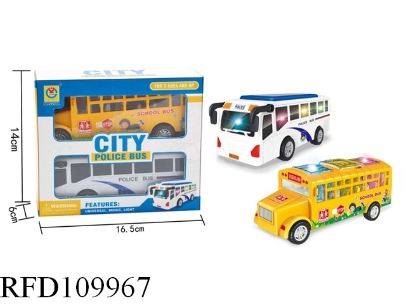 B/O UNIVERSAL SCHOOL BUS,POLICE BUS WITH 3D LIGHT AND MUSIC(2 ASST)