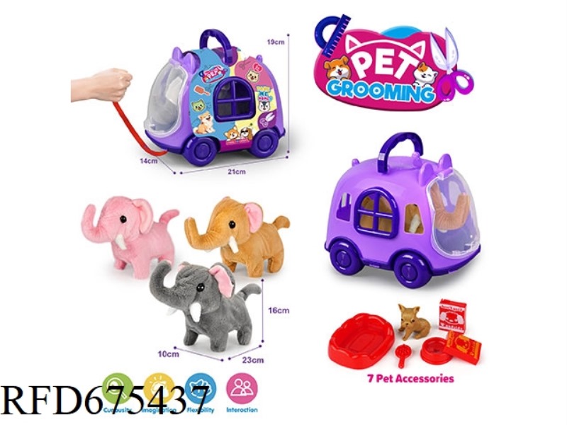 PURPLE LEASH + ELECTRIC PLUSH ELEPHANT + ACCESSORIES