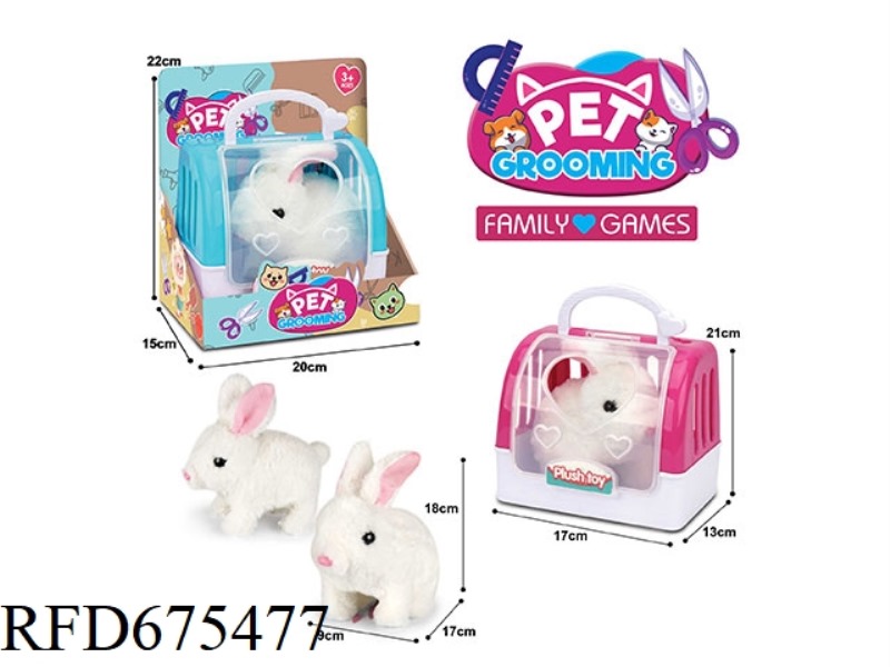 ELECTRIC PLUSH LONG-HAIRED WHITE RABBIT + 2-COLOR HAND-HELD CAGE