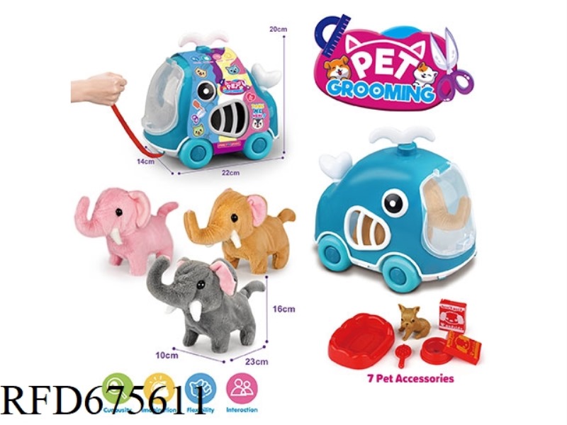 WHALE LEASH CART + ELECTRIC PLUSH ELEPHANT + ACCESSORIES