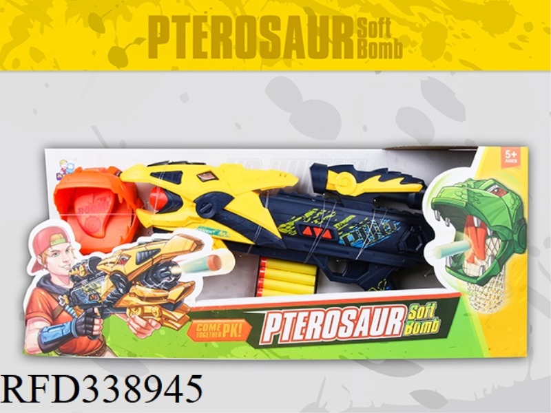 PTERODACTYL SOFT BULLET GUN WITH VOICE
WITH LIGHT, WITH TARGET, WITH 10 SOFT BOMBS