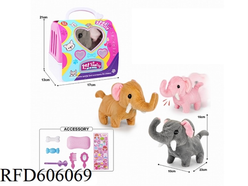 PORTABLE ELECTRIC PLUSH WALKING ELEPHANT + SMALL ACCESSORIES