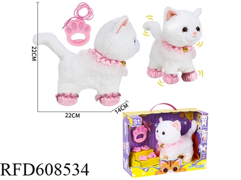WHITE CAT WALKING ON A LEASH