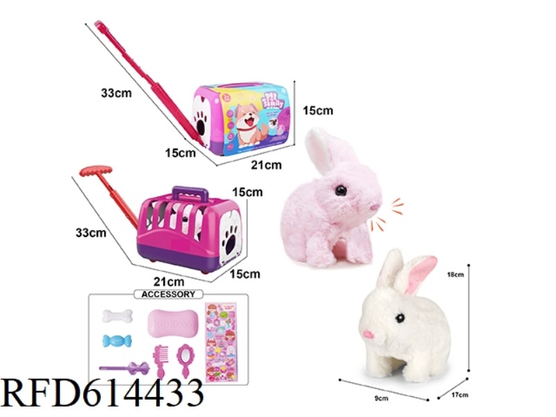 ELECTRIC PLUSH RED AND WHITE WALKING RABBIT + CARRIER + SMALL ACCESSORIES