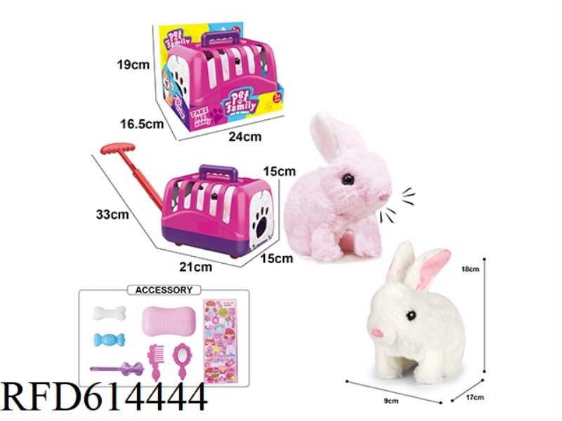 ELECTRIC PLUSH RED AND WHITE WALKING RABBIT + CARRIER + SMALL ACCESSORIES