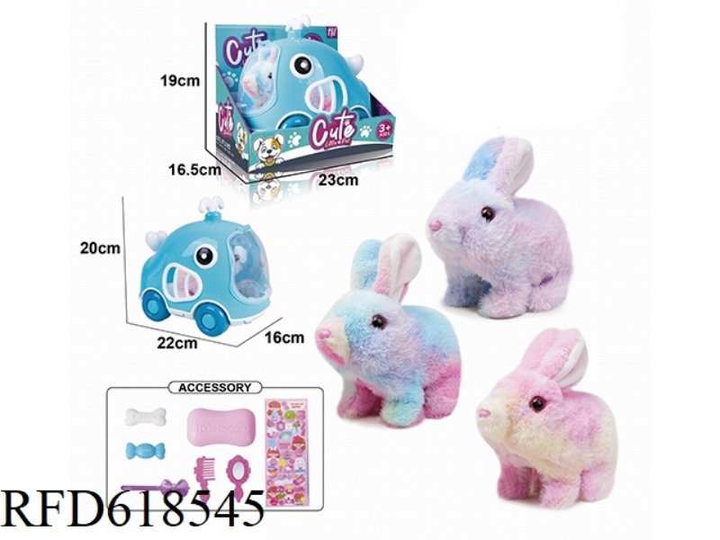 ELECTRIC PLUSH COLOR WALKING RABBIT + CAGE + ACCESSORIES